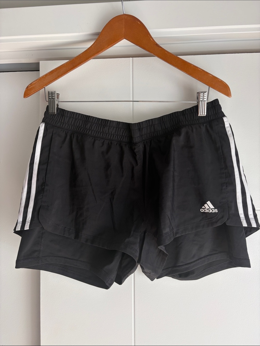 adidas Black Athletic Double-Layer Running Shorts with White Stripes